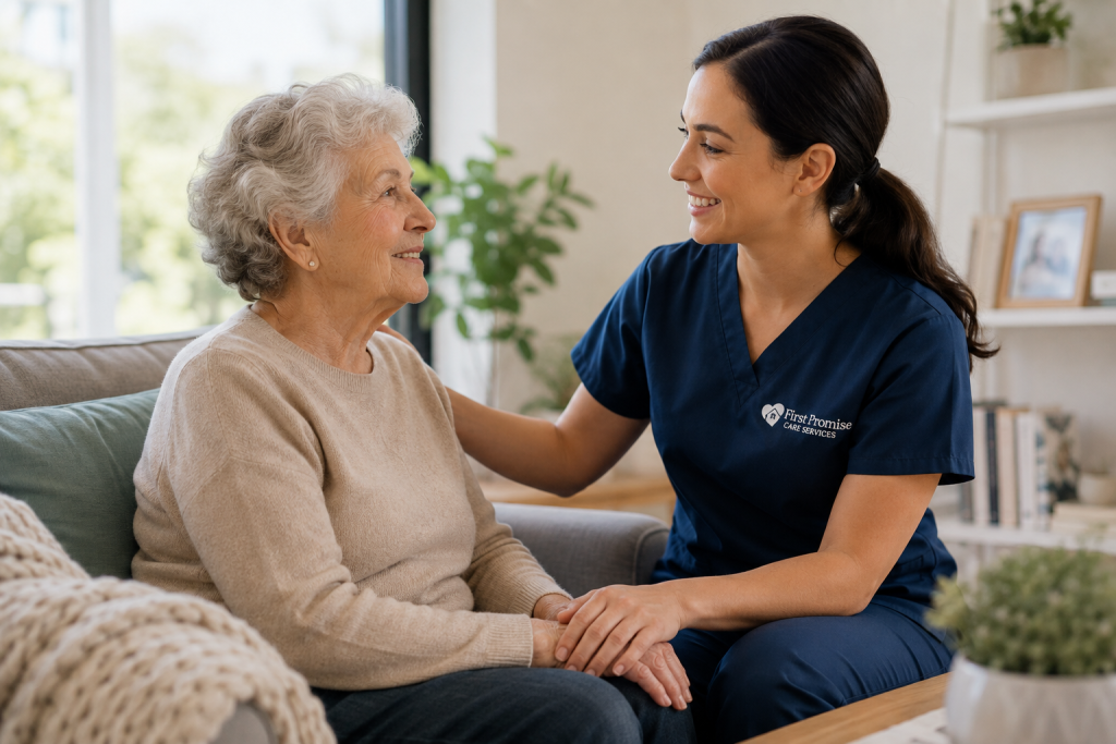 Caregiver spending time with an older adult at home